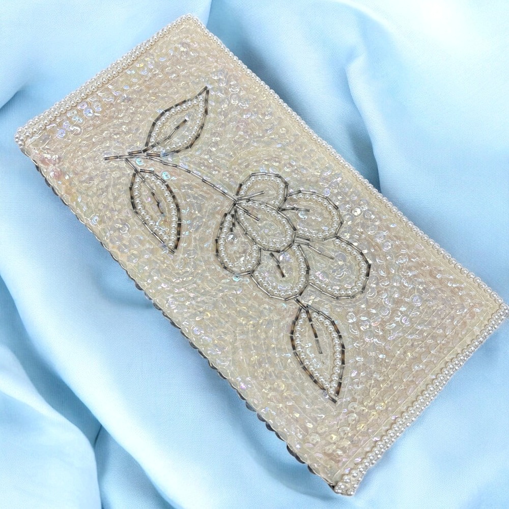 Vintage Handmade Ivory Beaded Sequin Clutch Purse Japan w/ American Sequins